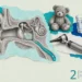 Middle ear infection collage: an ear cross-section with fluid behind the eardrum, an otoscope, a teddy bear and a cup