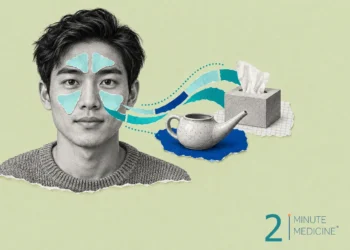 Sinus infection collage: a calm young man with paper shapes over his sinuses, a ceramic neti pot and a box of tissues