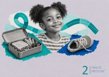 Child health collage: a smiling girl with hair puffs, an open lunchbox with a sandwich, carrots and grapes, and a sneaker