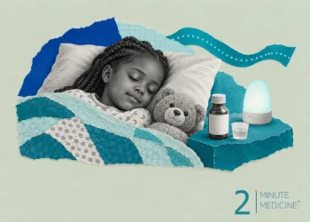 Childhood illness and sleep collage: a girl asleep under a quilt with a teddy bear, a medicine bottle and a night-light