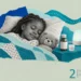 Childhood illness and sleep collage: a girl asleep under a quilt with a teddy bear, a medicine bottle and a night-light