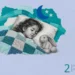 Children's sleep collage: a young girl asleep under a patchwork quilt beside a plush rabbit, with a paper moon and stars