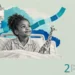 Children in hospital collage: a smiling girl in striped pajamas in a hospital bed beside an IV pole and a paper giraffe