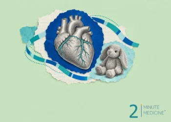 Kawasaki disease collage: an engraved heart with its coronary arteries traced in teal beside a plush rabbit with floppy ears