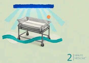 Newborn jaundice collage: an empty hospital bassinet with a folded blanket under a bar of blue light with pale rays