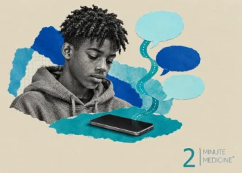Teen smartphone use collage: a teenage boy in a hoodie looking down at a phone, with empty speech bubbles rising from it
