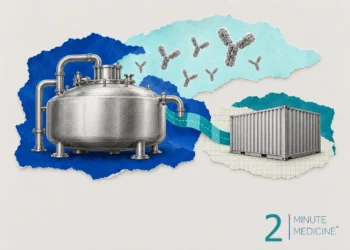 Biologic medicine supply collage: a steel bioreactor with Y-shaped antibodies rising from it, linked to a shipping container
