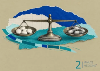Drug comparison trials collage: a brass balance scale with white tablets on one pan and gray capsules on the other
