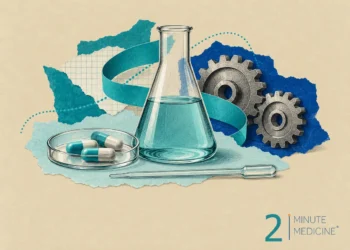 Drug development collage: a glass flask of teal liquid in front of two gears, with capsules in a glass dish and a pipette