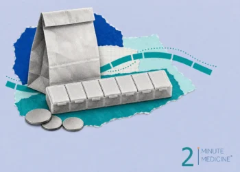 Medication adherence collage: a seven-day pill organizer, a folded paper pharmacy bag and a few coins