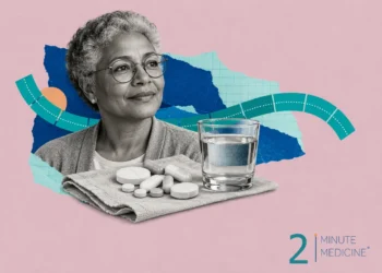 Everyday medicines collage: an older woman in round glasses behind plain tablets and capsules on a napkin and a water glass