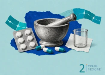 Prescription medicines collage: a mortar and pestle, a blister pack of white tablets, teal capsules and a glass beaker