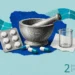 Prescription medicines collage: a mortar and pestle, a blister pack of white tablets, teal capsules and a glass beaker