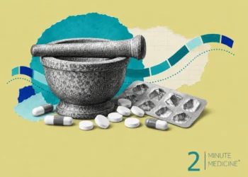 Prescription medicines collage: a stone mortar and pestle, scattered white tablets and capsules, and an empty blister pack