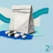 Medicines in clinical trials collage: a plain white pharmacy bag with a folded top beside capsules and round tablets