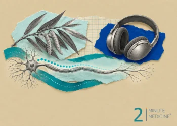 Pain relief collage: an engraved nerve cell with a fading teal signal, a willow sprig with catkins and over-ear headphones