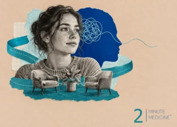 Anxiety and depression collage: a calm young woman, a head silhouette with a tangled thread smoothing out, and two armchairs