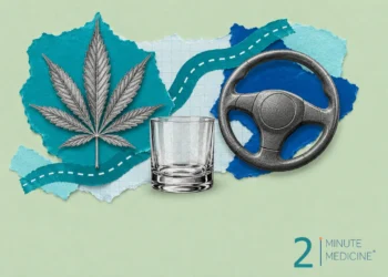 Cannabis and alcohol use collage: an engraved cannabis leaf, an empty tumbler glass and a car steering wheel by a road ribbon