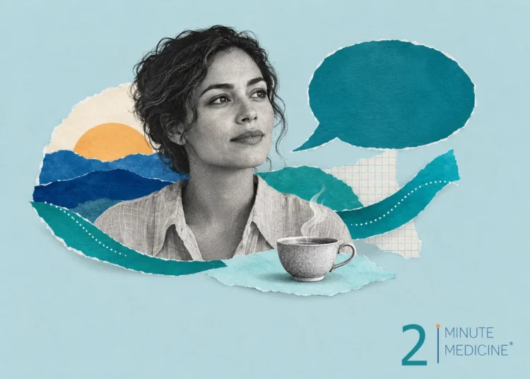 Depression care collage: a calm woman in a linen shirt beside an empty speech bubble, a steaming teacup and a paper sunrise