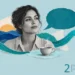 Depression care collage: a calm woman in a linen shirt beside an empty speech bubble, a steaming teacup and a paper sunrise