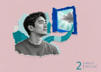 Depression collage: a calm young man in a sweater looking toward a window where light breaks through a cloud