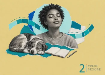Mental health collage: a calm young woman with her eyes closed, a sleeping dog and an open notebook with a pencil