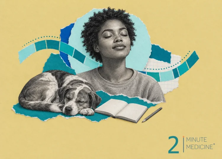 Mental health collage: a calm young woman with her eyes closed, a sleeping dog and an open notebook with a pencil