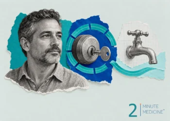 Collage on OCD: a calm middle-aged man beside an engraved door lock with a key and a teal ribbon looping in a circle
