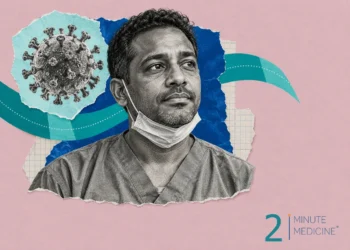 Healthcare worker burnout collage: a tired male nurse in scrubs with his mask lowered beside a coronavirus particle