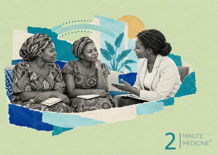 Two Congolese women are engaged in a therapeutic conversation with a mental health professional, likely focusing on trauma care.