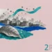 Air pollution collage: a low city skyline under a haze of fine particles, with a large leaf in front