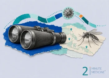Disease surveillance collage: engraved binoculars beside a mosquito on a plain map with teal pins, and a virus on a ribbon