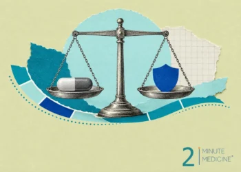 Medicine safety collage: a brass balance scale with a two-tone capsule on one pan and a blue paper shield on the other
