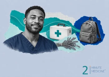 Nursing care collage: a smiling male nurse in navy scrubs, a first-aid box, a bundle of lavender and a school backpack