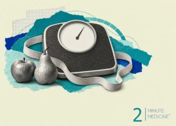 Obesity measurement collage: a bathroom scale with a blank dial, a loose cloth measuring tape, an apple and a pear