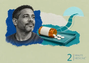 Opioid prescribing collage: a calm man beside an amber pill bottle spilling white tablets onto a pill-counting tray