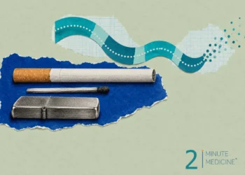 Smoking collage: an unlit cigarette, a spent match and a closed metal lighter lying on torn blue paper below a teal ribbon