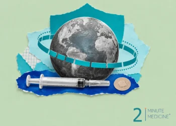 Childhood vaccination collage: a globe ringed by a teal ribbon before a shield, a capped syringe and a round bandage