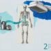 Collage on a bone scan: an engraved full skeleton on graph paper, a curved scanner camera head and a glass of water