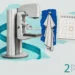 Mammogram collage: an empty mammography machine, a clinic gown on a hook, a teal ribbon and a blank calendar