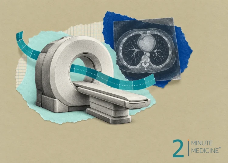 CT and MRI imaging collage: a CT scanner with an empty table beside a film showing a cross-section of the chest