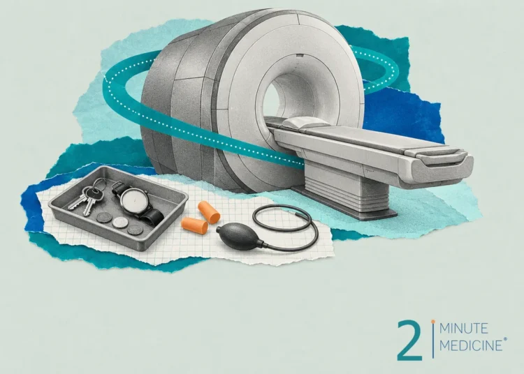 Collage for an MRI: an engraved scanner with an empty table, foam earplugs, a call button and a tray of keys and a watch
