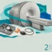 Collage for an MRI: an engraved scanner with an empty table, foam earplugs, a call button and a tray of keys and a watch