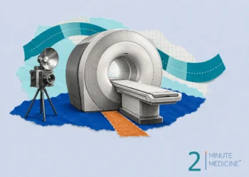 Whole-body MRI collage: an MRI scanner with an empty table, an orange carpet runner and a vintage press camera on a tripod