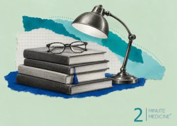 Weekly research roundup collage: a stack of plain bound volumes with folded glasses and a blue tassel under a desk lamp