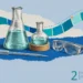 Medical research collage: a conical flask and a round flask of pale teal liquid on a cork ring, a pipette and safety glasses