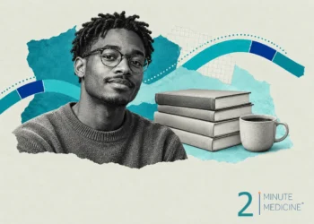 Weekly research roundup collage: a young man in glasses and a crewneck sweater beside a stack of blank books and a coffee cup
