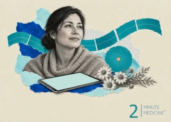 Inflammatory rheumatic disease collage: a calm woman in a knit wrap, a blank tablet, chamomile and an orange dot