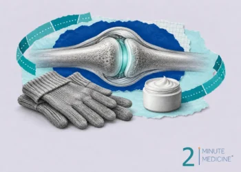 Psoriatic arthritis collage: an engraved joint glowing teal between two bone ends, folded knit gloves and a jar of cream