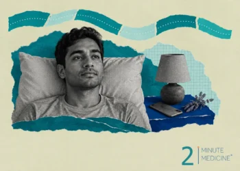 Insomnia collage: a man lying awake on a pillow, a nightstand with an unlit lamp, a face-down phone and lavender